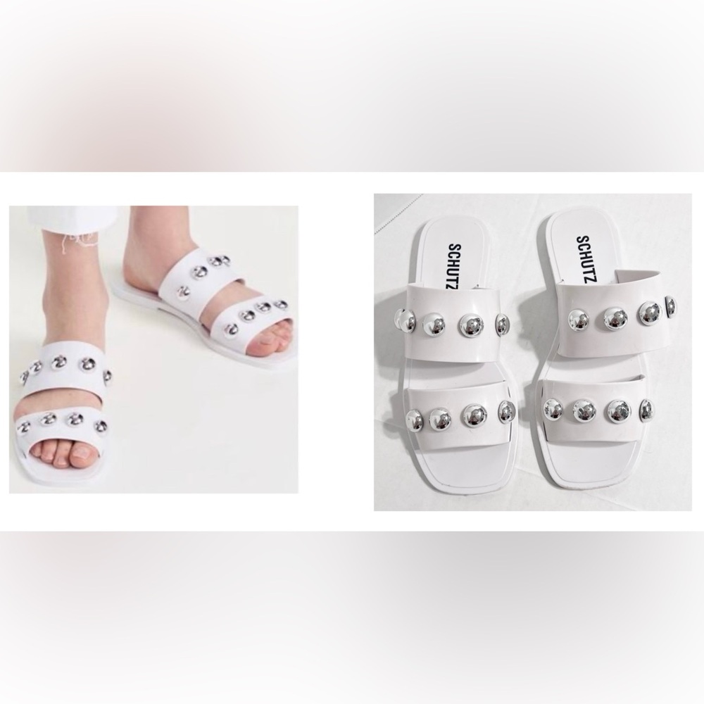 SCHUTZ White Lizzie Slide Sandals Silver Embellishments Jelly’s Silver Studs